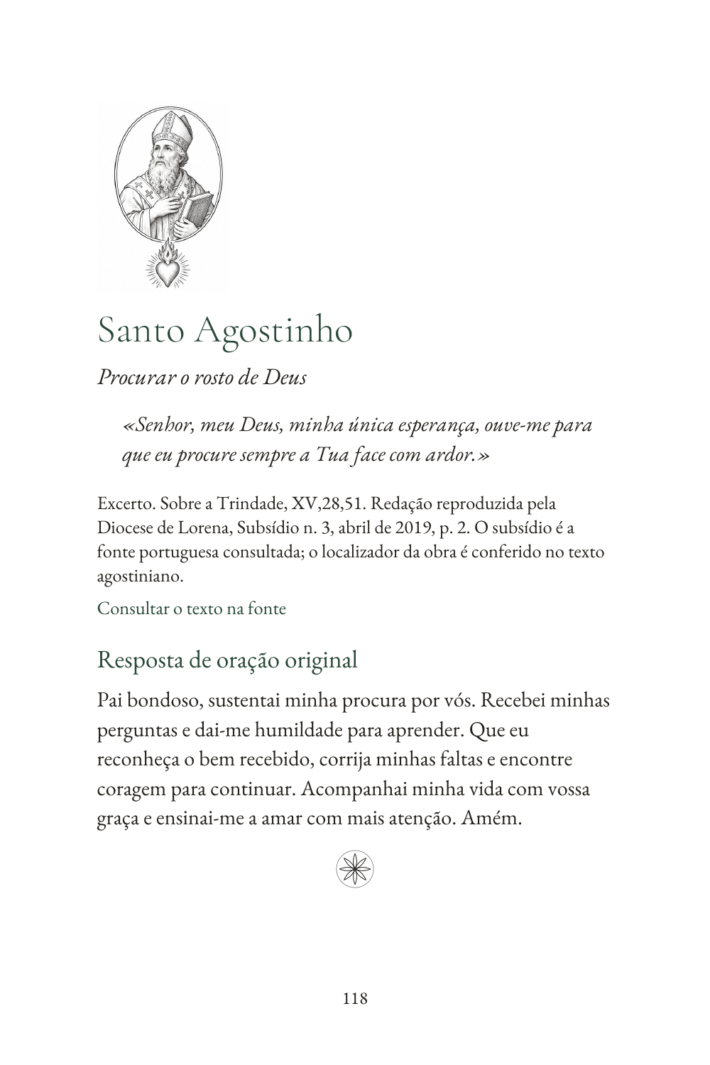 Ilustração individual de Santo Agostinho e seu coração em chamas, na abertura do texto de oração